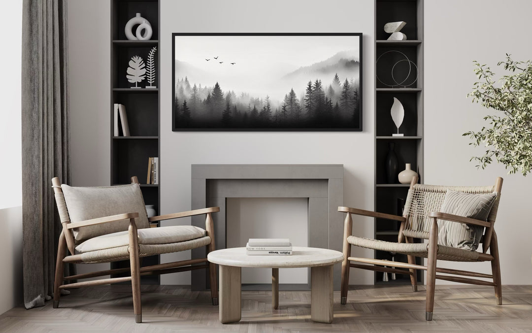 Foggy Forest Black White Minimalist Framed Canvas Wall Art