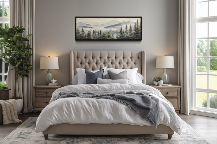 Foggy Forest Sage Green Long Horizontal Above Bed Wall Art