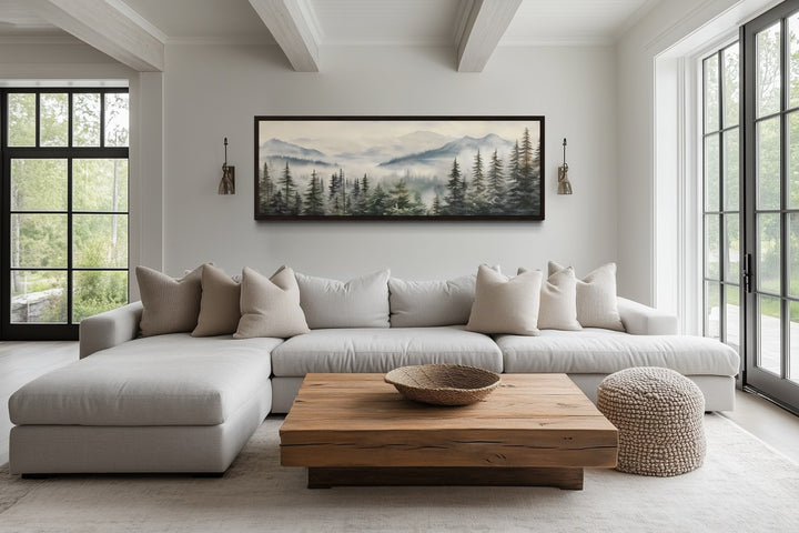 Foggy Forest Sage Green Long Horizontal Above Bed Wall Art