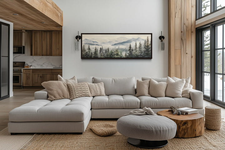Foggy Forest Sage Green Long Horizontal Above Bed Wall Art