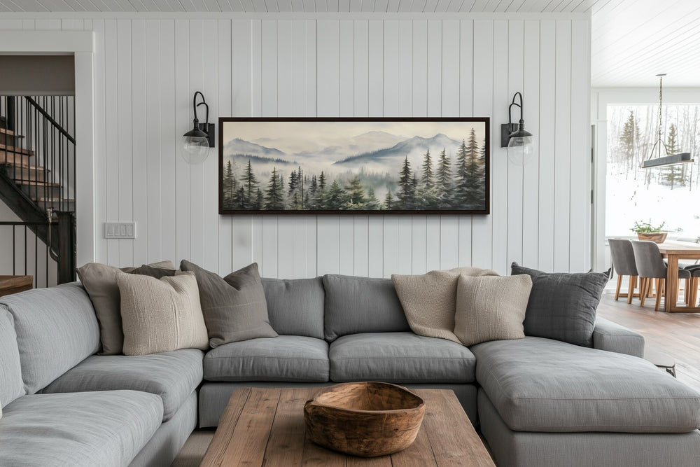 Foggy Forest Sage Green Long Horizontal Above Bed Wall Art