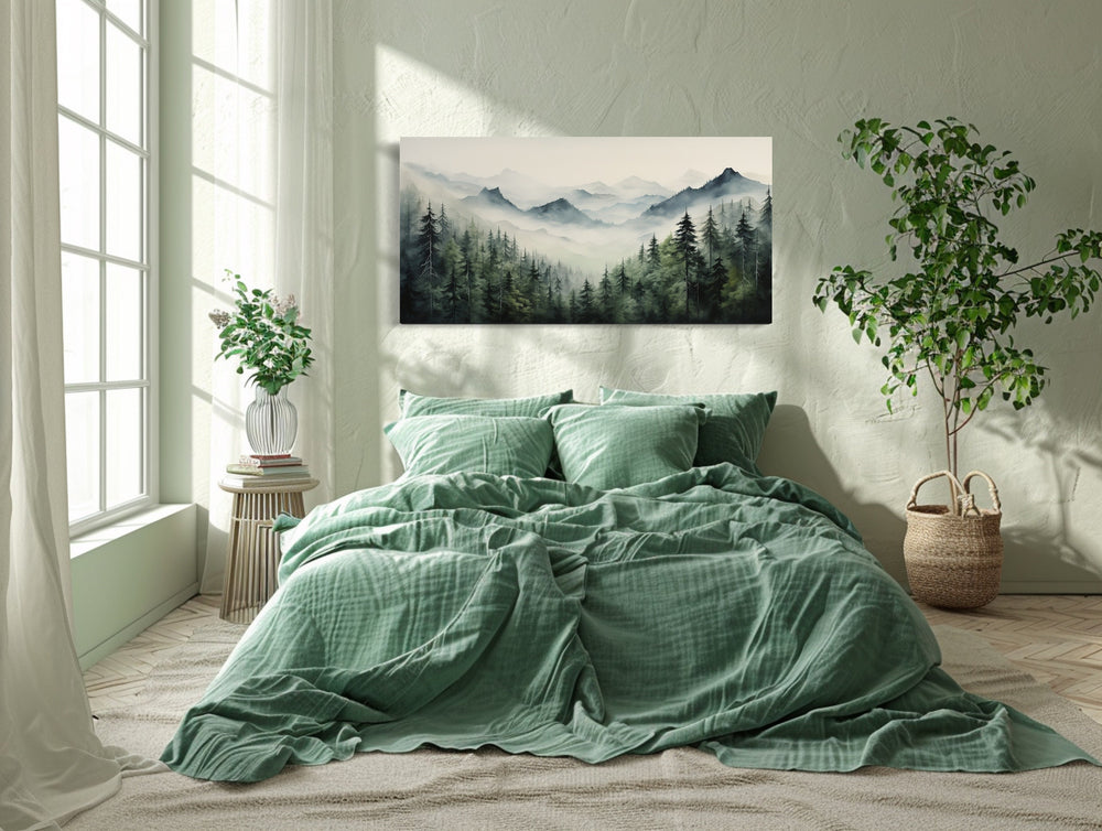 Foggy Sage Green Forest Watercolor Framed Canvas Wall Art