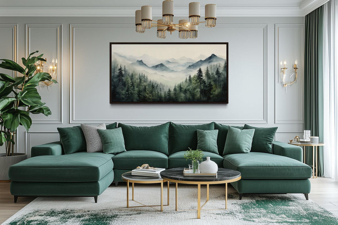 Foggy Sage Green Forest Watercolor Framed Canvas Wall Art