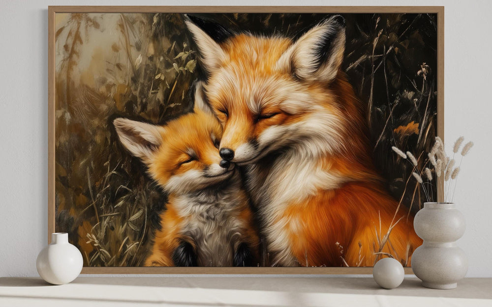 Fox Mama And Baby Hugging Framed Canvas Wall Art