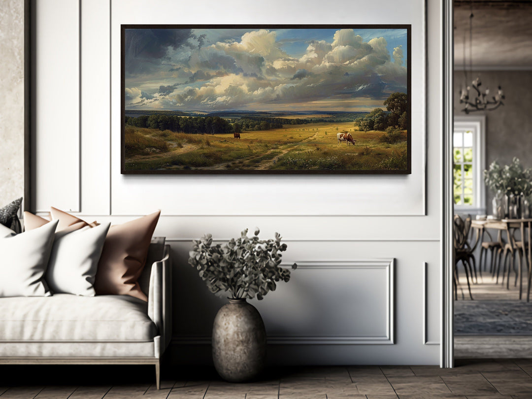 Framed Vintage Pastoral Landscape With Cows Canvas Wall Art