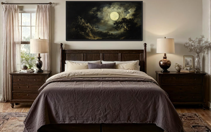 Full Moon Over Dark Forest Moody Gothic Framed Canvas Wall Art