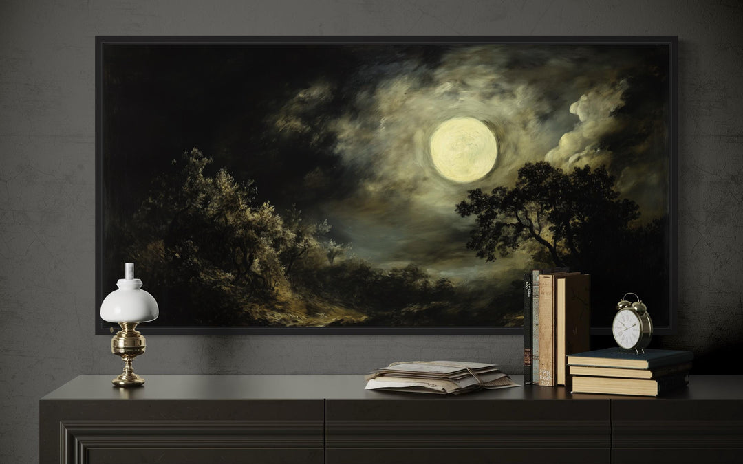 Full Moon Over Dark Forest Moody Gothic Framed Canvas Wall Art