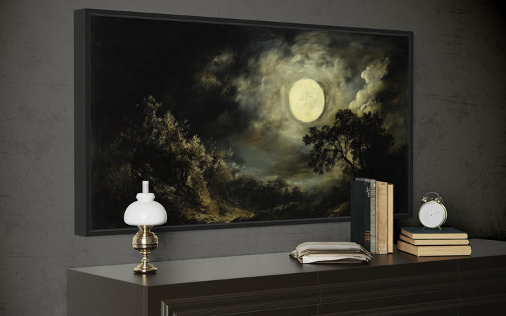 Full Moon Over Dark Forest Moody Gothic Framed Canvas Wall Art