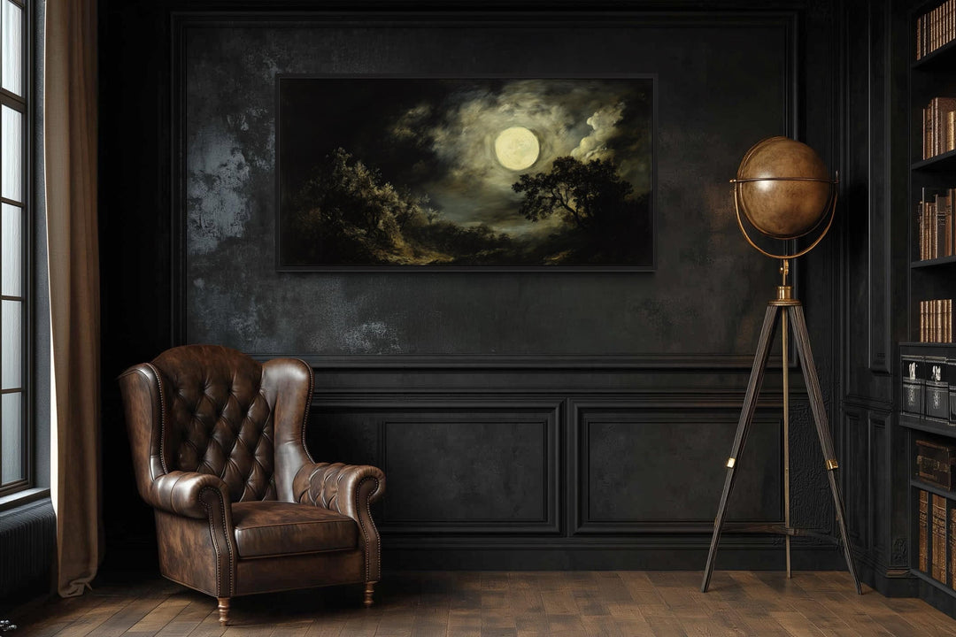 Full Moon Over Dark Forest Moody Gothic Framed Canvas Wall Art