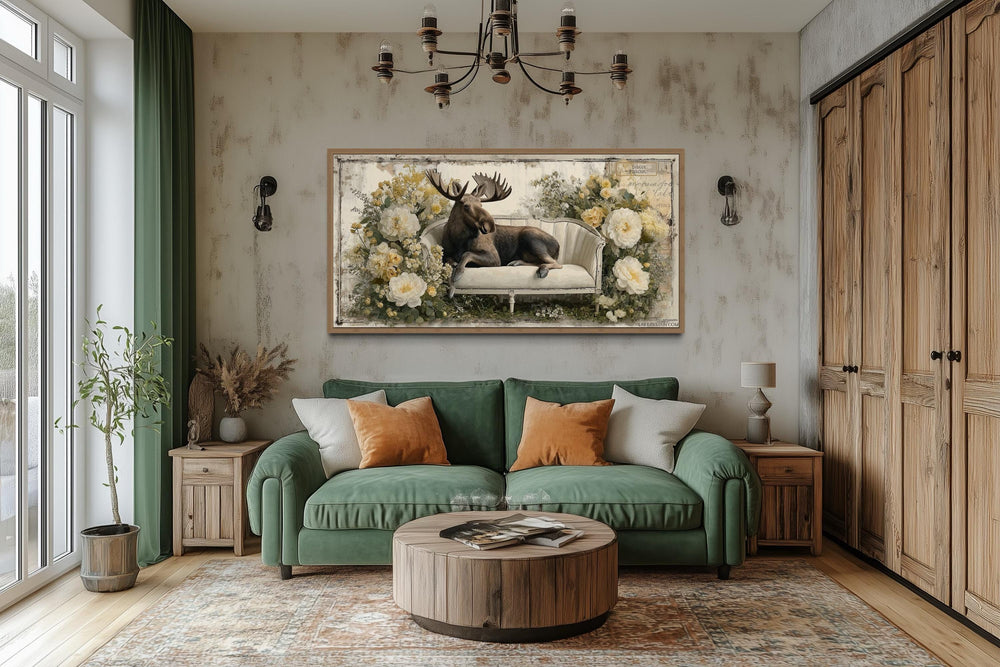Funny Moose On The Floral Couch Framed Canvas Wall Art