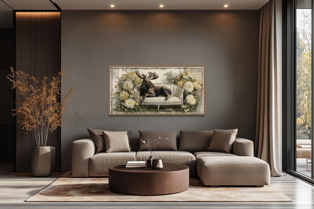 Funny Moose On The Floral Couch Framed Canvas Wall Art