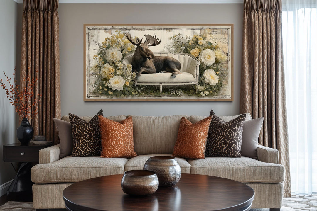 Funny Moose On The Floral Couch Framed Canvas Wall Art
