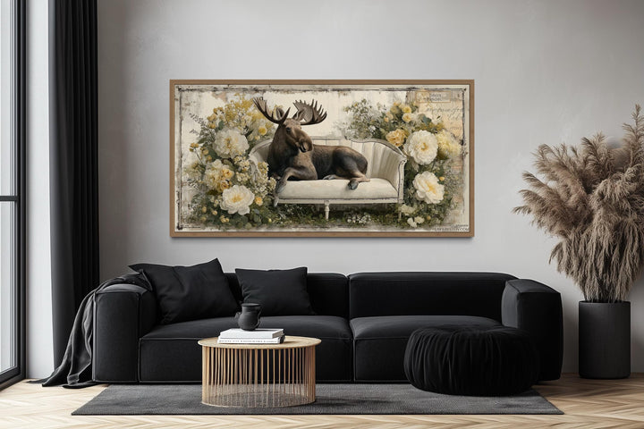 Funny Moose On The Floral Couch Framed Canvas Wall Art