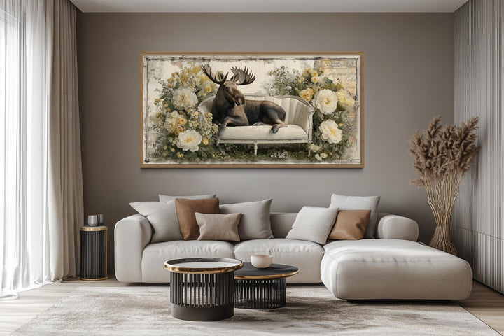 Funny Moose On The Floral Couch Framed Canvas Wall Art