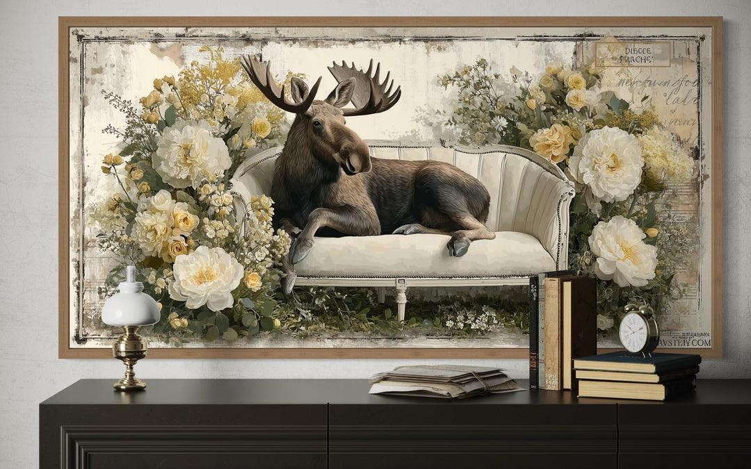 Funny Moose On The Floral Couch Framed Canvas Wall Art