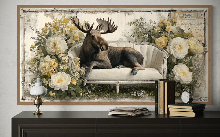 Funny Moose On The Floral Couch Framed Canvas Wall Art