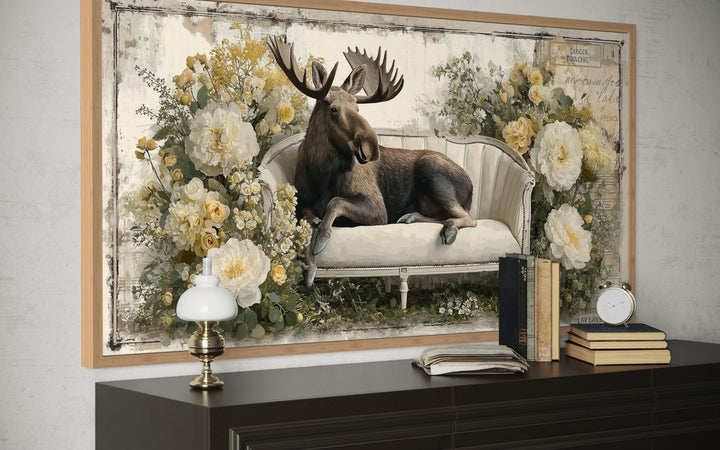 Funny Moose On The Floral Couch Framed Canvas Wall Art