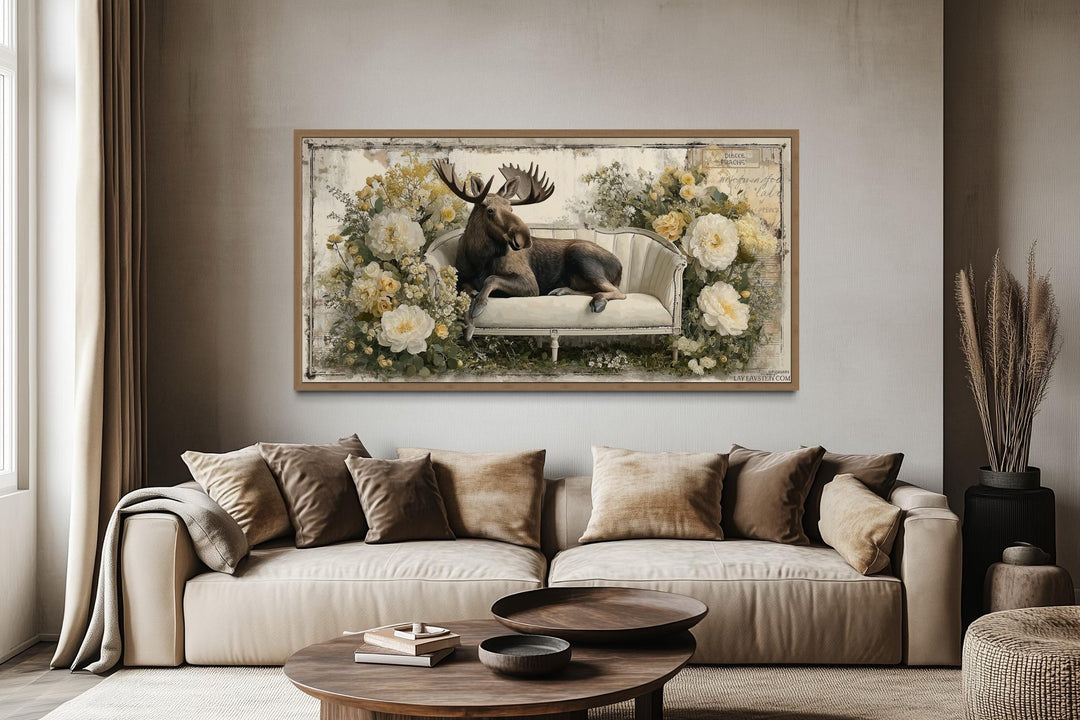 Funny Moose On The Floral Couch Framed Canvas Wall Art