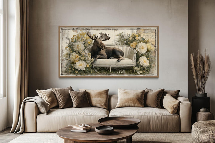 Funny Moose On The Floral Couch Framed Canvas Wall Art