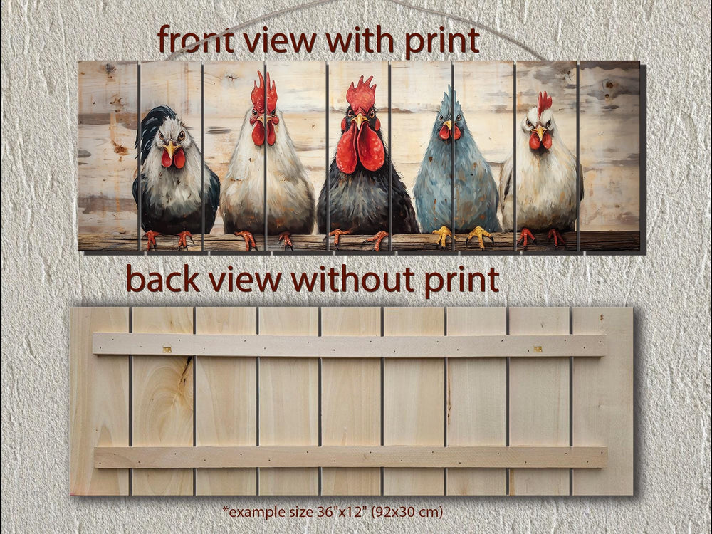 Funny Roosters And Chickens Long Horizontal Wood Wall Art
