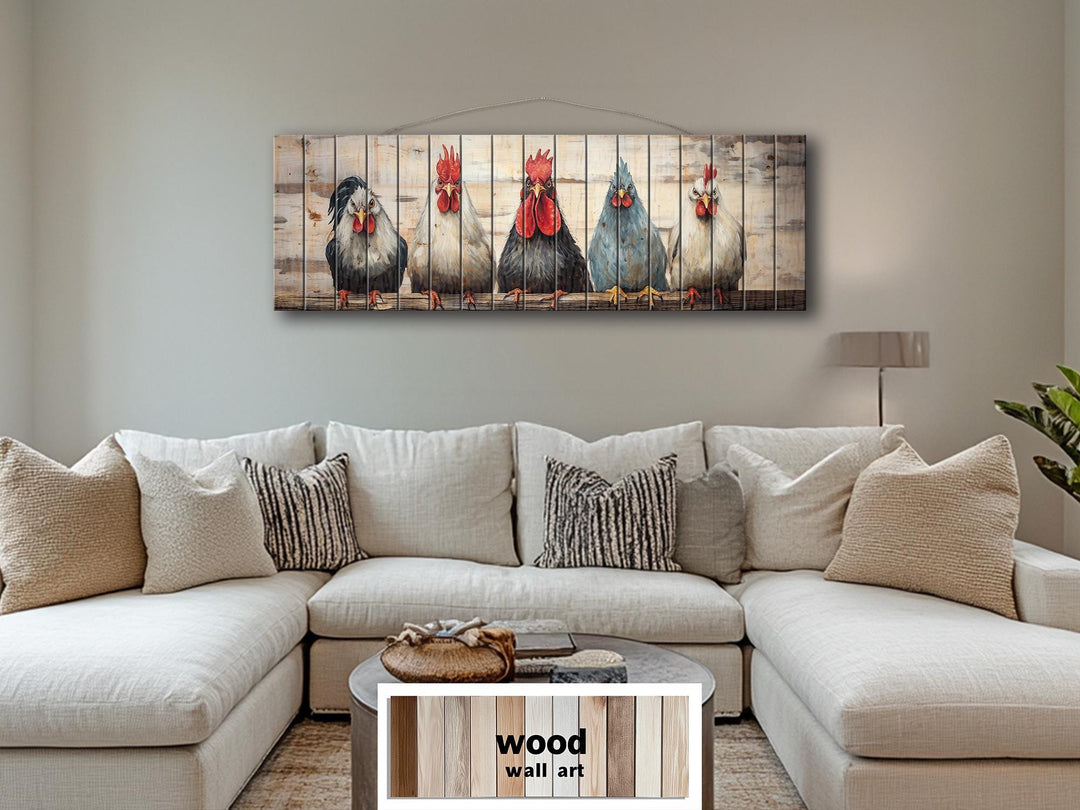 Funny Roosters And Chickens Long Horizontal Wood Wall Art