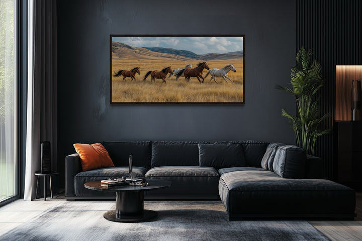 Galloping Wild Horses In Nature Framed Canvas Wall Art