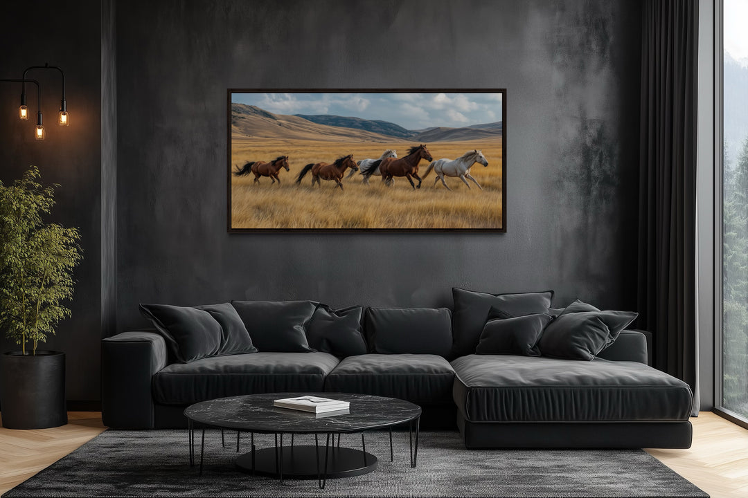 Galloping Wild Horses In Nature Framed Canvas Wall Art