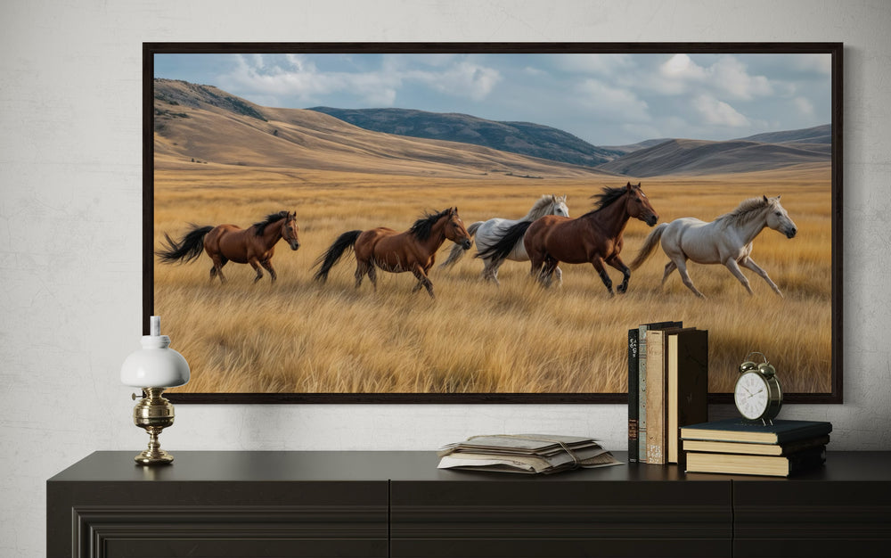 Galloping Wild Horses In Nature Framed Canvas Wall Art