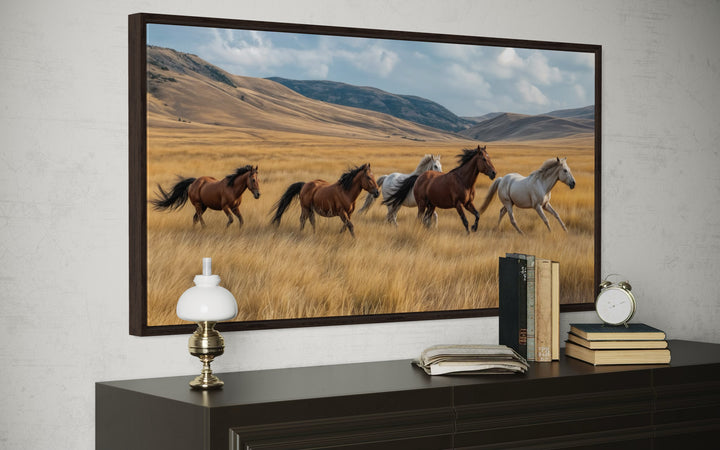 Galloping Wild Horses In Nature Framed Canvas Wall Art