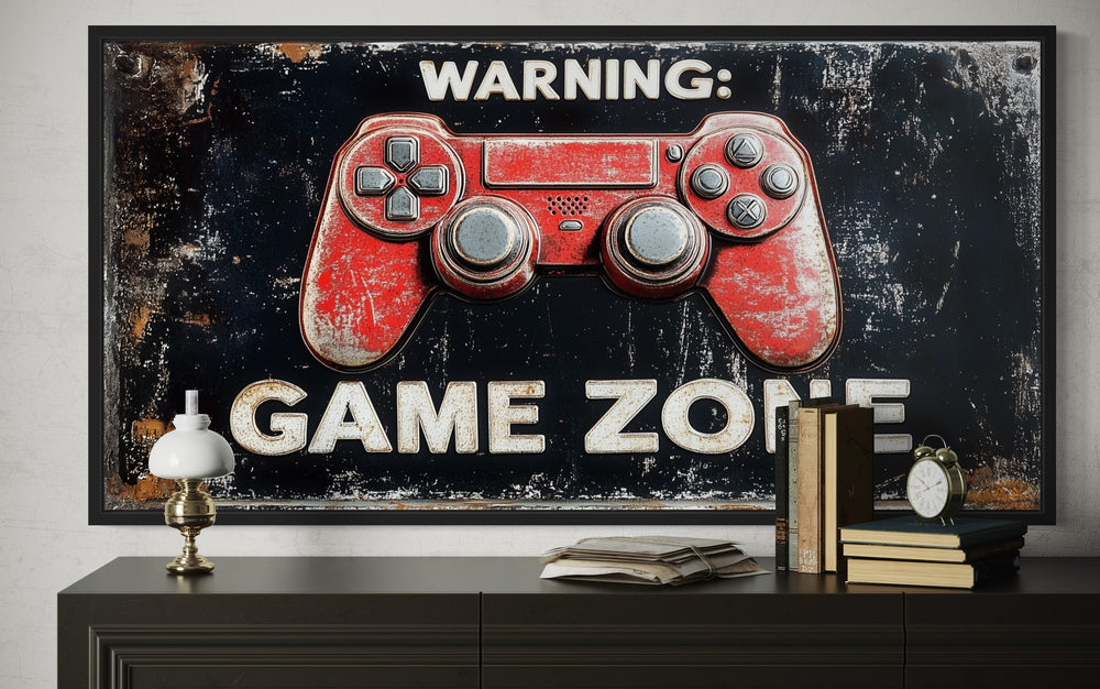 Game Room Sign - Colorful Graffiti Game Controller With Warning Game Zone Framed Canvas Wall Art