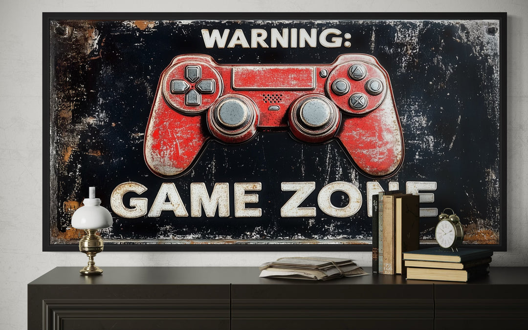 Game Room Sign - Colorful Graffiti Game Controller With Warning Game Zone Framed Canvas Wall Art