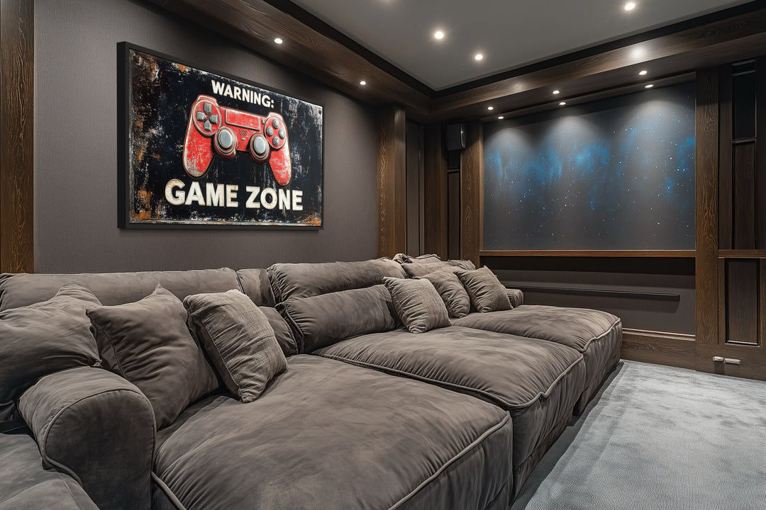 Game Room Sign - Colorful Graffiti Game Controller With Warning Game Zone Framed Canvas Wall Art