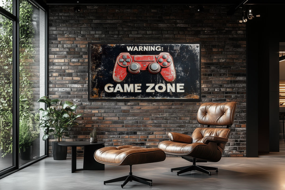 Game Room Sign - Colorful Graffiti Game Controller With Warning Game Zone Framed Canvas Wall Art