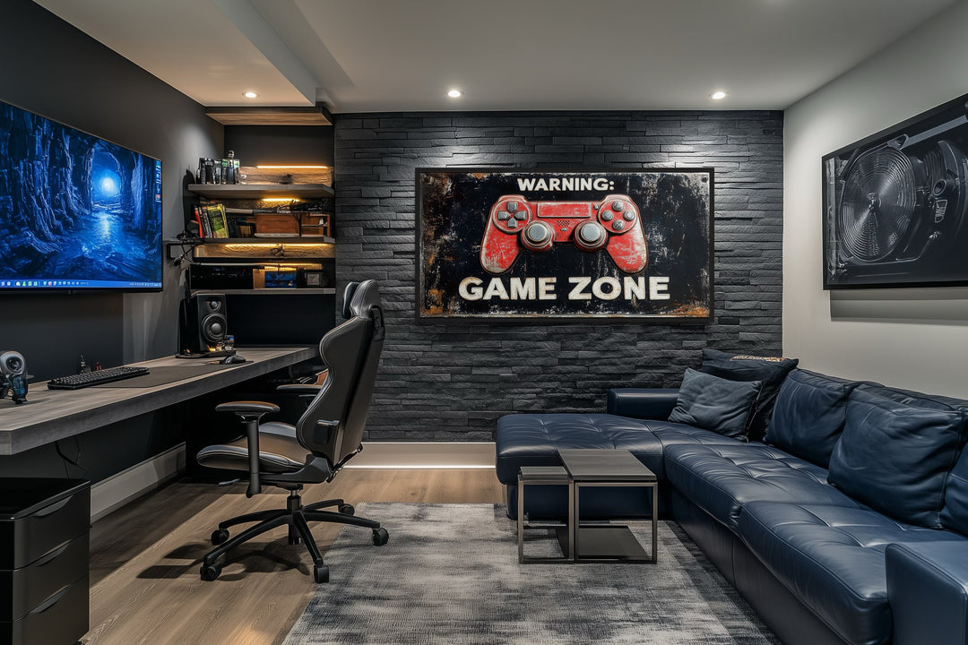 Game Room Sign - Colorful Graffiti Game Controller With Warning Game Zone Framed Canvas Wall Art