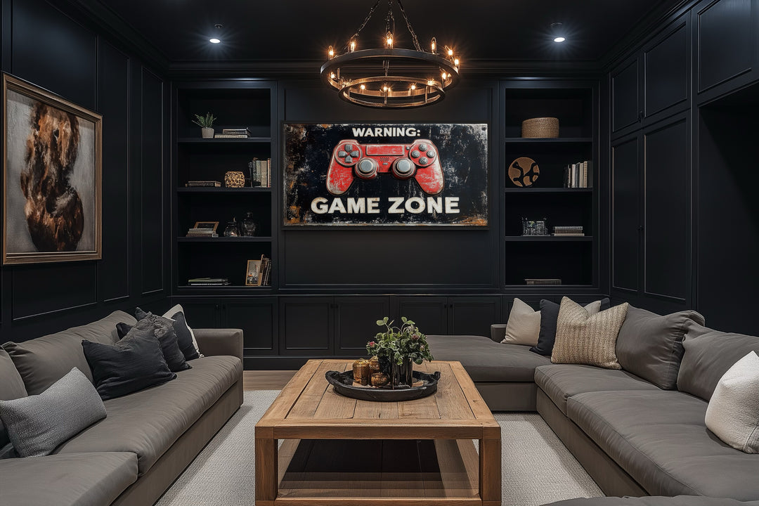 Game Room Sign - Colorful Graffiti Game Controller With Warning Game Zone Framed Canvas Wall Art