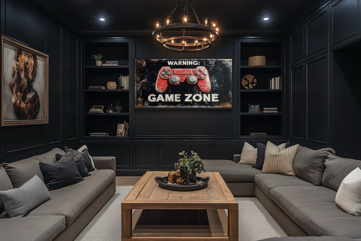 Game Room Sign - Colorful Graffiti Game Controller With Warning Game Zone Framed Canvas Wall Art