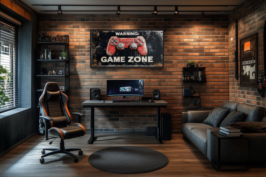 Game Room Sign - Colorful Graffiti Game Controller With Warning Game Zone Framed Canvas Wall Art