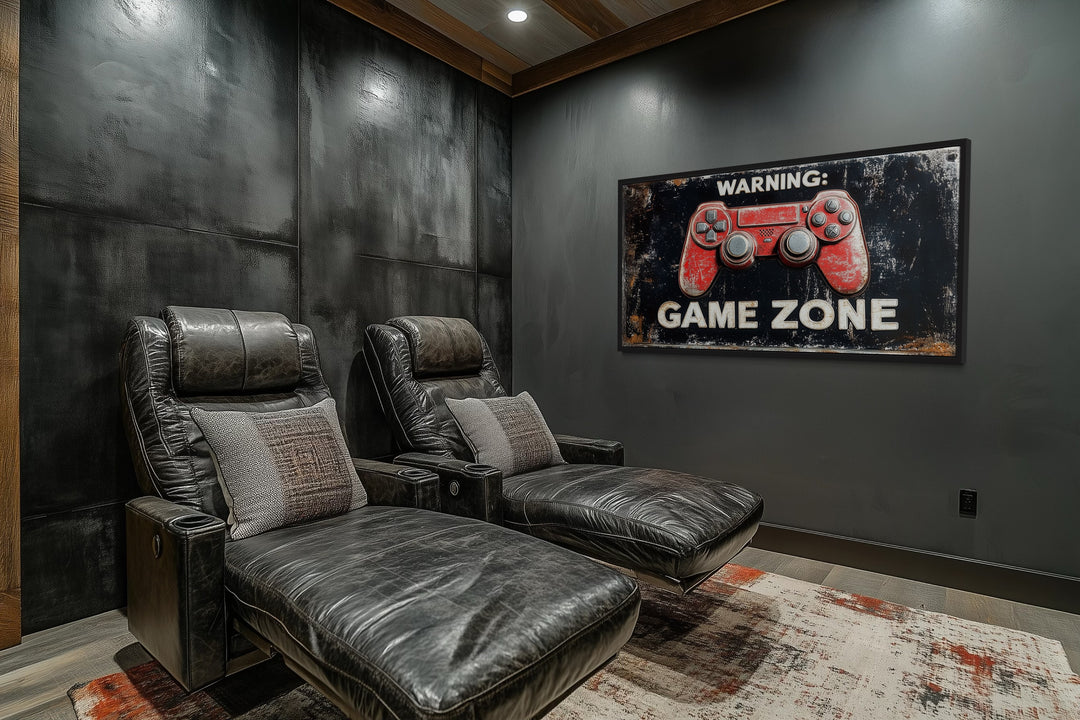 Game Room Sign - Colorful Graffiti Game Controller With Warning Game Zone Framed Canvas Wall Art