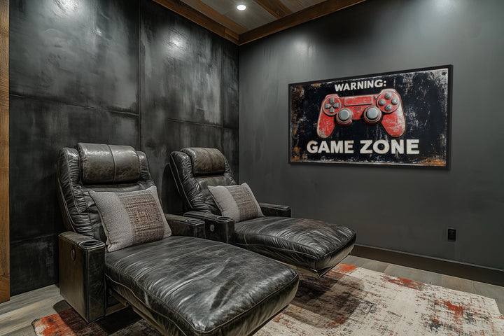 Game Room Sign - Colorful Graffiti Game Controller With Warning Game Zone Framed Canvas Wall Art
