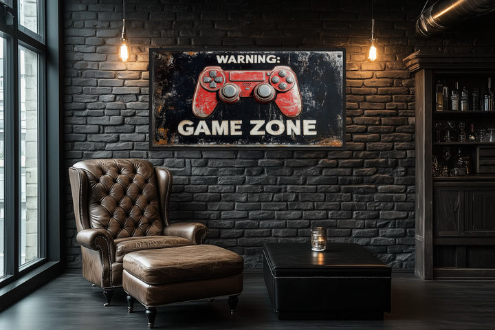 Game Room Sign - Colorful Graffiti Game Controller With Warning Game Zone Framed Canvas Wall Art