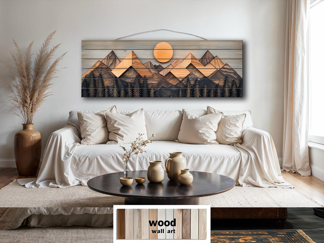 Geometric Mountain Real Wood Long Horizontal Wall Art For Cabin Decor
