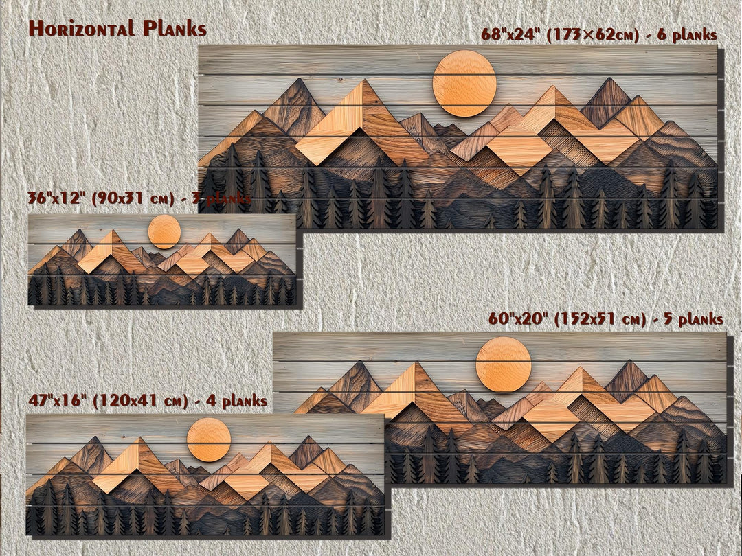 Geometric Mountain Real Wood Long Horizontal Wall Art For Cabin Decor