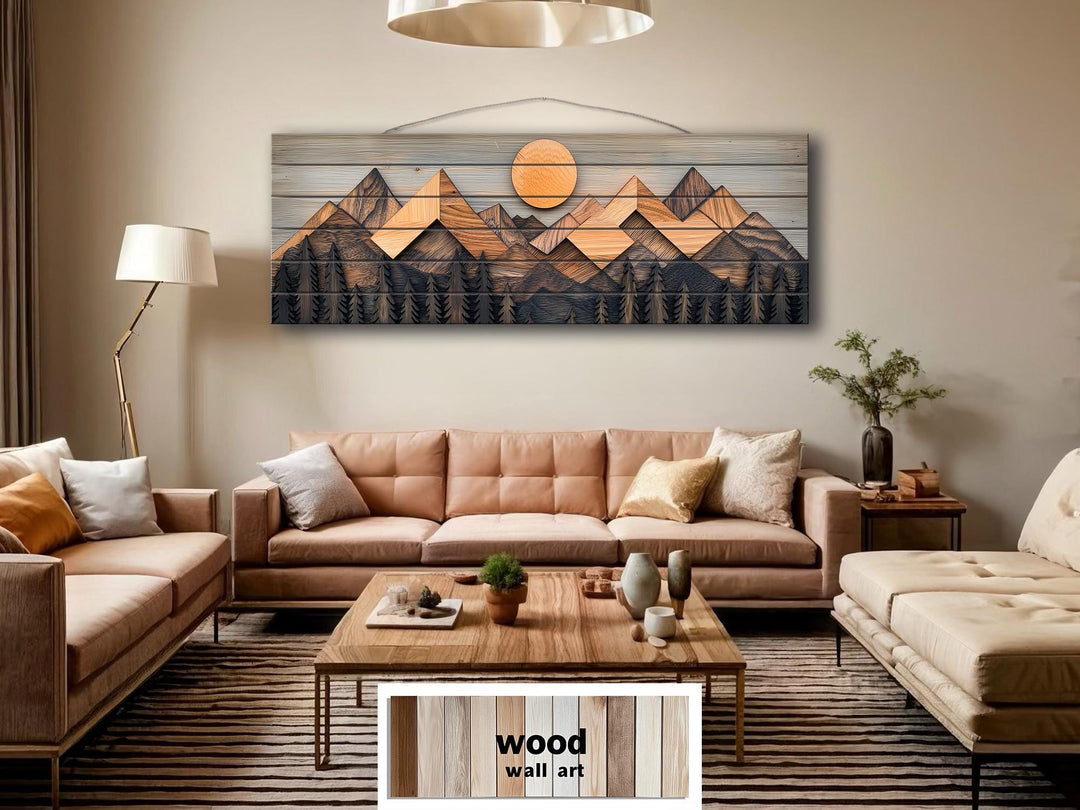 Geometric Mountain Real Wood Long Horizontal Wall Art For Cabin Decor