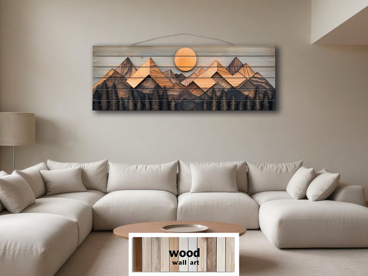 Geometric Mountain Real Wood Long Horizontal Wall Art For Cabin Decor