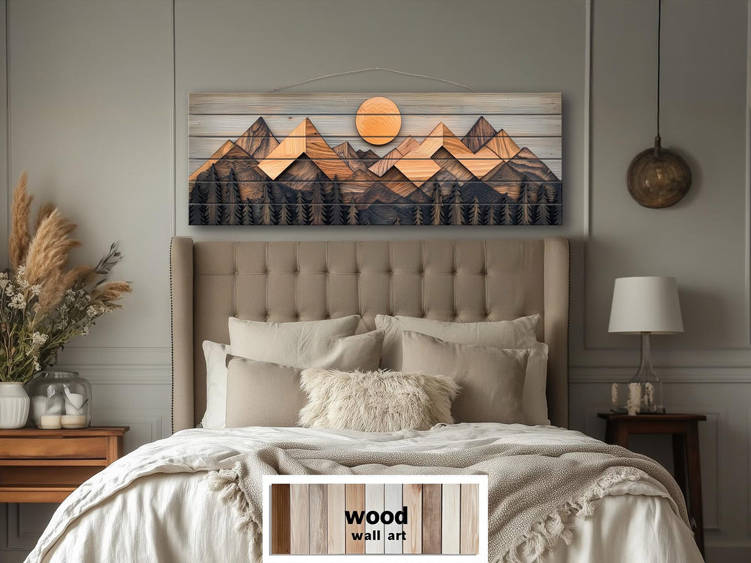 Geometric Mountain Real Wood Long Horizontal Wall Art For Cabin Decor