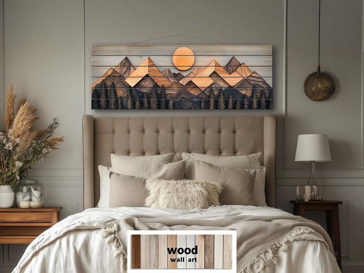 Geometric Mountain Real Wood Long Horizontal Wall Art For Cabin Decor