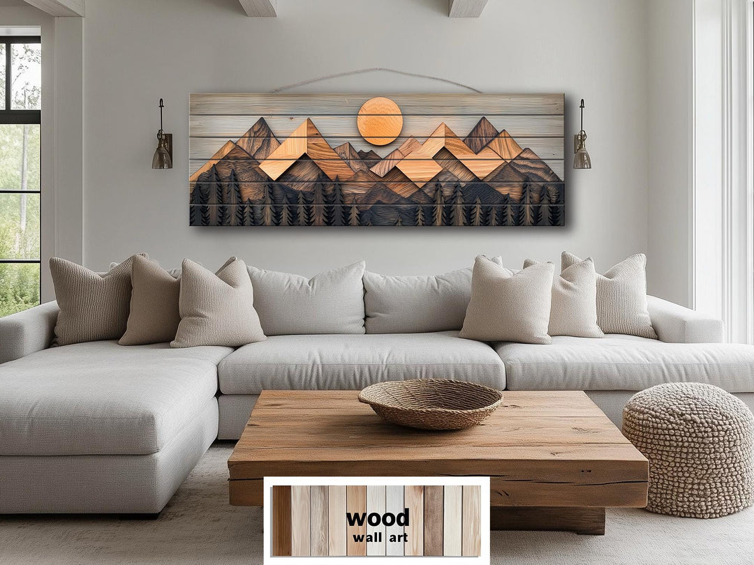 Geometric Mountain Real Wood Long Horizontal Wall Art For Cabin Decor