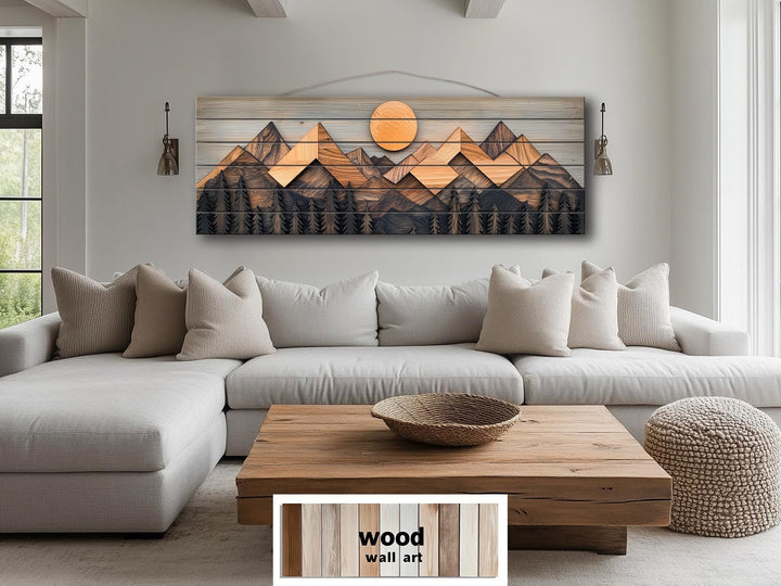 Geometric Mountain Real Wood Long Horizontal Wall Art For Cabin Decor