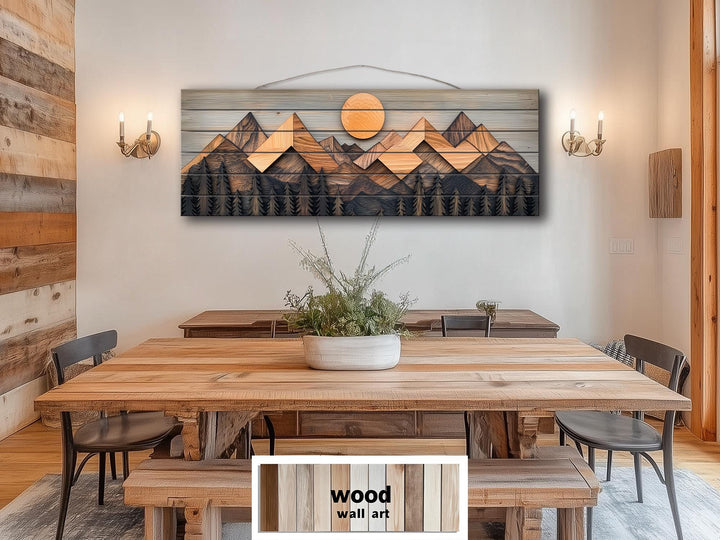Geometric Mountain Real Wood Long Horizontal Wall Art For Cabin Decor