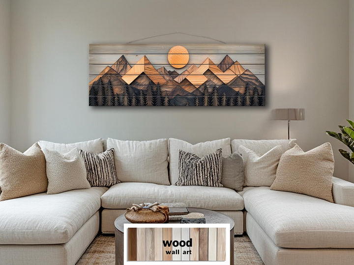 Geometric Mountain Real Wood Long Horizontal Wall Art For Cabin Decor